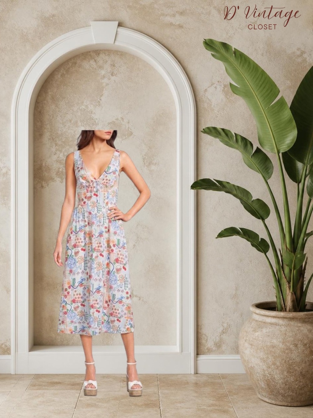 Sleeveless V-Neck Midi Dress in Multi Color Floral Print